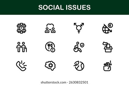 Pacote de Ícones de Consciência Social. Mínima Line Art para Ativismo, Diversidade e Projetos de Direitos Humanos