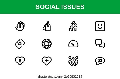 Pacote de Ícones de Consciência Social. Mínima Line Art para Ativismo, Diversidade e Projetos de Direitos Humanos