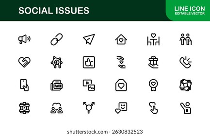 Pacote de Ícones de Consciência Social. Mínima Line Art para Ativismo, Diversidade e Projetos de Direitos Humanos