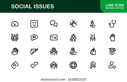 Pacote de Ícones de Consciência Social. Mínima Line Art para Ativismo, Diversidade e Projetos de Direitos Humanos