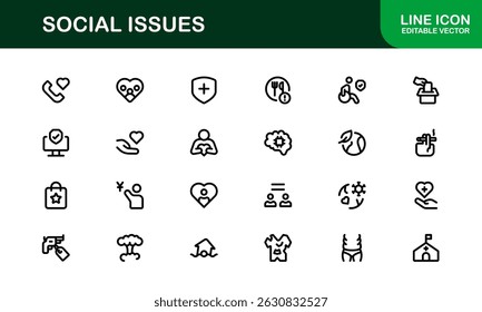 Pacote de Ícones de Consciência Social. Mínima Line Art para Ativismo, Diversidade e Projetos de Direitos Humanos