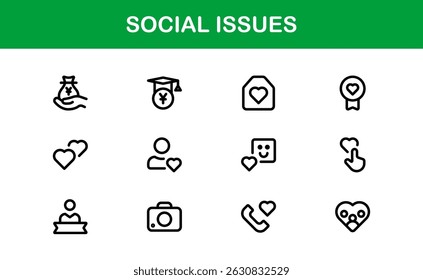 Pacote de Ícones de Consciência Social. Mínima Line Art para Ativismo, Diversidade e Projetos de Direitos Humanos