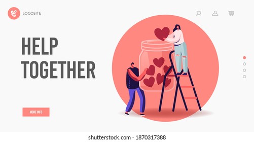 Social Awareness. Landing Page Template. Tiny Male and Female Characters Throw Heart into Huge Glass Jar Stand on Ladder, Donate. Support to People in Need, Volunteering. Cartoon Vector Illustration