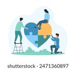 Social awareness, mental health care and support, help and love from community. Tiny people work together in unity and partnership, collect heart puzzle jigsaw symbol cartoon vector illustration