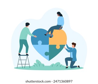 Social awareness, mental health care and support, help and love from community. Tiny people work together in unity and partnership, collect heart puzzle jigsaw symbol cartoon vector illustration