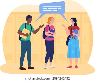 Social awkwardness in high school 2D vector isolated illustration. Shy schoolgirl with classmates flat characters on cartoon background. Inability and fear to engage in group colourful scene