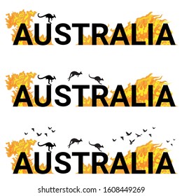 Social banner about Australia Fire.Black letters on a background of fire. Kangaroos and birds flee from the fire