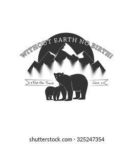 Social banner, emblem of a bear family on a background of forest, mountains and sun