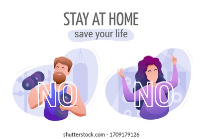 Social banner flat design isolated. Prevention of coronavirus infection. Stay home. Health protection. Girl dancing in a night club. Athlete in the gym. Vector illustration