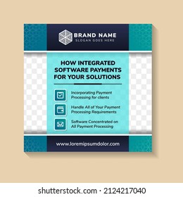 social banner post template design for integrated software payment for your solutions. square layout with space for photo and text. blue on elements combined with transparency hexagon pattern.