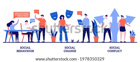 Social behaviour, change and conflict concept with tiny people. People interaction and communication abstract vector illustration set. Arguments, norms in society, personality influence metaphor.