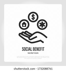 Social Benefit. Government Compensation After Pandemic. Hand With Mortgage, Money, Health Insurance. Thin Line Icon. Vector Illustration.
