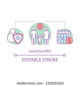 Social Benefits Concept Icon. Corporate Culture Idea Thin Line Illustration. Health Insurance, Compensation, Leave. Family Welfare. Paid Vacation. Vector Isolated Outline Drawing. Editable Stroke