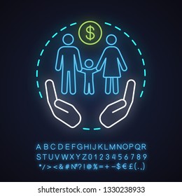 Social Benefits Neon Light Concept Icon. Low Income Financial Assistance Idea. Family Welfare. Social Safety Net. Glowing Sign With Alphabet, Numbers And Symbols. Vector Isolated Illustration