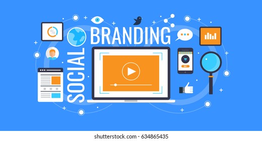 Social Branding, brand identity creation. Social media promotion flat vector banner with texts and icons