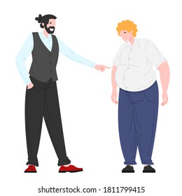 Social bullying concept between young people. Slim guy laughs at the fat young man. Flat cartoon character vector illustration.