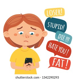 Social bullying concept. Vector illustration about hate messages, body shaming, fat shaming, racism at school. 