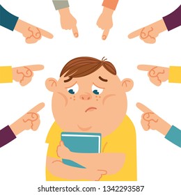 Social Bullying Concept. Vector Illustration About Online Or Public Trolling, Fat And Body Shaming, Racism At School. 