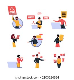 Social bullying. Cyber brut culture problems bully teenagers shame guy boycotts metaphor pictures woman harrasment aggresive conversation garish vector illustrations set