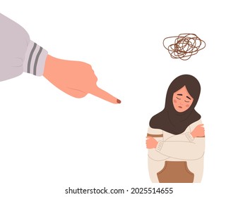 Social bullying. Finger pointing on sad arab girl. Depressed teenager in hijab sitting on floor and crying. Violence in school. Vector illustration in flat cartoon style.