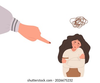 Social bullying. Finger pointing on sad girl. Depressed teenager sitting on floor and crying. Violence in school. Vector illustration in flat cartoon style.