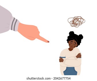 Social bullying. Finger pointing on sad african girl. Depressed teenager sitting on floor and crying. Violence in school. Vector illustration in flat cartoon style.