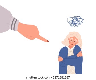 Social bullying. Finger pointing on sad elderly woman. Depressed aged lady hugging herself. Violence in society. Vector illustration in flat cartoon style.