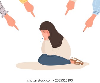 Social bullying. Fingers pointing on sad arab girl. Depressed teenager in hijab sitting on floor and crying. Violence in school. Vector illustration in flat cartoon style.