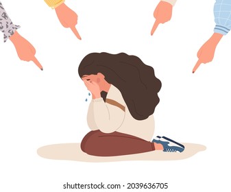 Ataque social. Dedos apuntando a una chica triste. Adolescente deprimida sentada en el suelo y llorando. Violencia en la escuela. Ilustración vectorial al estilo de las caricaturas planas.