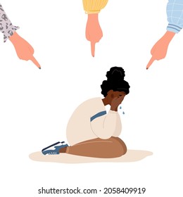 Social bullying. Fingers pointing on sad african girl. Depressed teenager sitting on floor and crying. Violence in school. Vector illustration in flat cartoon style.