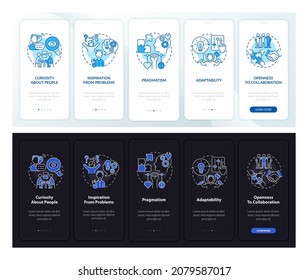 Social business features dark, light onboarding mobile app page screen. Walkthrough 5 steps graphic instructions with concepts. UI, UX, GUI vector template with linear night and day mode illustrations