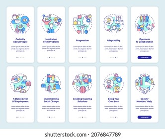Social business onboarding mobile app page screen set. Benefits and characteristics walkthrough 5 steps graphic instructions with concepts. UI, UX, GUI vector template with linear color illustrations