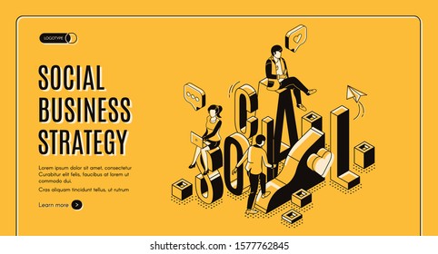 Social Business Strategy Isometric Landing Page. Businesspeople Work In Internet Using Gadgets Climbing Up By Growing Data Chart. Digital Marketing Analytics 3d Vector Line Art Illustration Web Banner