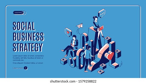 Social business strategy isometric landing page. Businesspeople work in internet using gadgets climbing up by growing data chart. Digital marketing analytics 3d vector line art illustration web banner