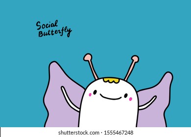 Social butterfly hand drawn vector illustration in cartoon comic style man with wings insect social mask lettering
