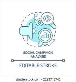 Social campaign analysis turquoise concept icon. Measure effectiveness abstract idea thin line illustration. Isolated outline drawing. Editable stroke. Arial, Myriad Pro-Bold fonts used