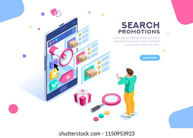 Social campaign for buying and rating. Product moving on website for search or promotion map. Seo video content for shopping like or star. Flat isometric characters. Concept for landing page for web.