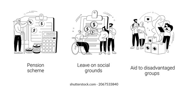 Social care abstract concept vector illustration set. Pension scheme, leave on social grounds, aid to disadvantaged groups, retirement plan, care for sick people, volunteer help abstract metaphor.