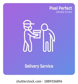 Social care, delivery service for elderly people. Volunteer with groceries. Safety delivery, courier in surgical mask. Thin line icon. Pixel perfect, editable stroke. Vector illustration.
