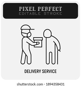 Social care, delivery service for elderly people. Volunteer with groceries. Safety delivery, courier in surgical mask. Thin line icon. Pixel perfect, editable stroke. Vector illustration.