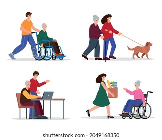 Social care for the elderly. Young volunteers help senior people walk with dog, use computer, buy food and ride weelchair. Flat or cartoon character vector illustration isolated on white background.