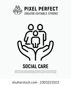 Social care, family with child in hands. Health insurance, charity, donation. Thin line icon, editable stroke. Vector illustration.