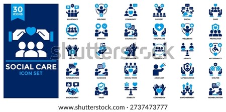 Social Care icon collection. Containing support, welfare, assistance, protection, counseling, empathy, aid, relief, social work, guidance, intervention, rehabilitation icon. Flat vector illustration.