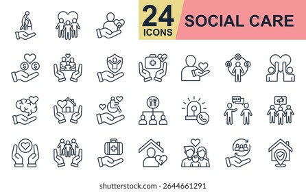 Symbole für soziale Betreuung setzen Vektorgrafik. Enthalten Altenpflege, Gemeinschaft, Spende, Familienunterstützung, Freiwillige und mehr. Einfache Sammlung von Liniensymbolen.