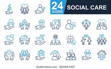 Ícones sociais definir ilustração vetorial. Contendo assistência a idosos, comunidade, doação, apoio familiar, voluntário e muito mais. Coleção de ícones de cores de linha simples.