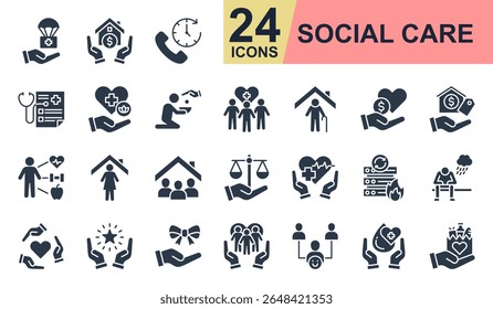 Iconos de atención social establecen la Ilustración vectorial. Contiene ayuda en caso de desastre, asistencia para vivienda, línea de ayuda, salud pública, programa de bienestar y más. Colección de iconos de glifo simple.