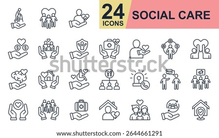 Social care Icons set vector illustration. Containing elderly care, community, donation, family support, volunteer and more. Simple line icons collection.