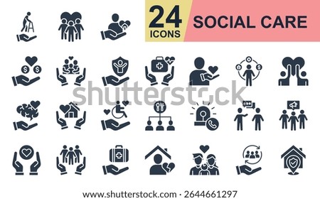 Social care Icons set vector illustration. Containing elderly care, community, donation, family support, volunteer and more. Simple glyph icons collection.