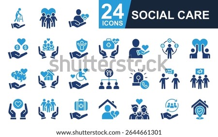 Social care Icons set vector illustration. Containing elderly care, community, donation, family support, volunteer and more. Simple solid icons collection.