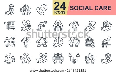 Social Care Icons set vector illustration. Containing disaster relief, housing assistance, helpline, public health, wellness program and more. Simple line icons collection.